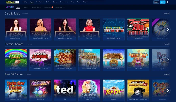 William Hill Casino game selection interface
